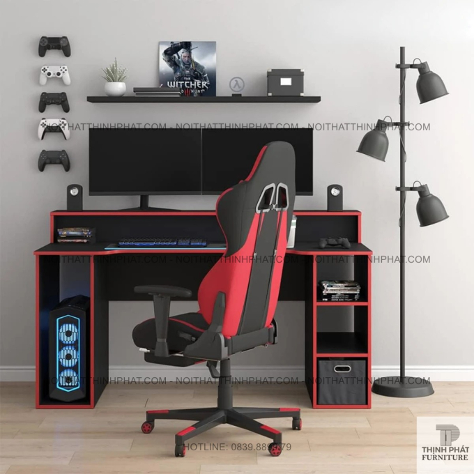 Bàn Gaming PC Đen Viền Đỏ Hiện Đại Có Giá Để Màn Hình Và Khoang CPU BLV58