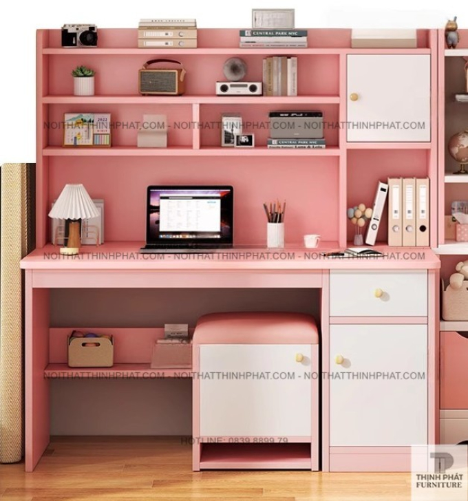 Bàn học gỗ MDF màu hồng có kệ sách và tủ ngăn kéo cho bé gái, thiết kế hiện đại BLV65
