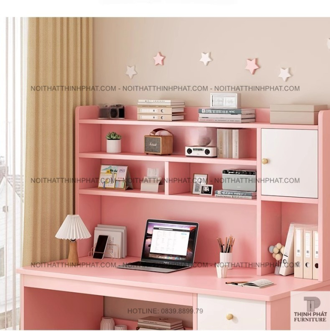 Bàn học gỗ MDF màu hồng có kệ sách và tủ ngăn kéo cho bé gái, thiết kế hiện đại BLV65