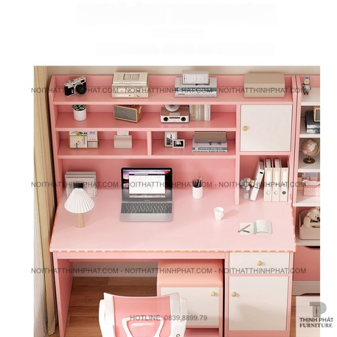 Bàn học gỗ MDF màu hồng có kệ sách và tủ ngăn kéo cho bé gái, thiết kế hiện đại BLV65
