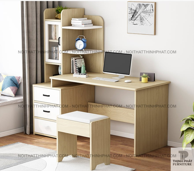 Bàn học liền kệ sách gỗ MDF hiện đại có ngăn kéo và tủ kính lưu trữ tiện lợi  BLV62