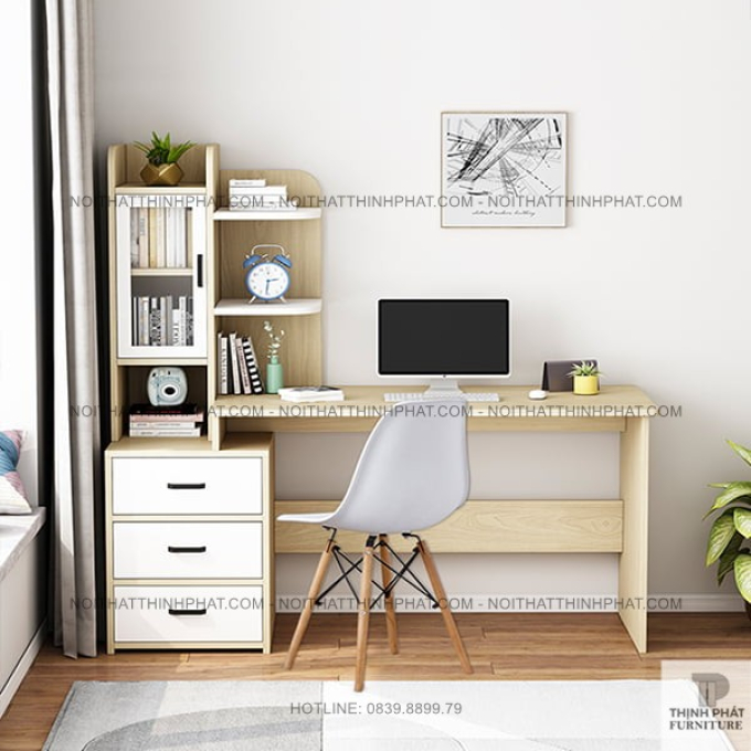 Bàn học liền kệ sách gỗ MDF hiện đại có ngăn kéo và tủ kính lưu trữ tiện lợi  BLV62