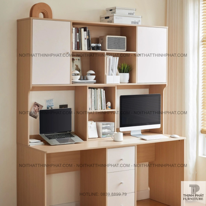 Bàn Làm Việc Đôi Dành Cho 2 Người Hiện Đại Gỗ MDF Có Kệ Sách Và Ngăn Kéo Tiện Lợi BLV55
