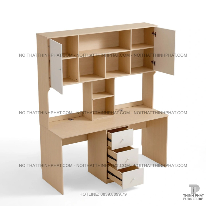 Bàn Làm Việc Đôi Dành Cho 2 Người Hiện Đại Gỗ MDF Có Kệ Sách Và Ngăn Kéo Tiện Lợi BLV55