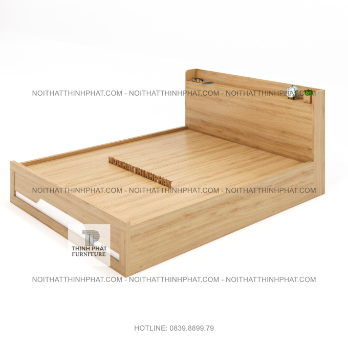 Giường Ngủ Gỗ Công Nghiệp Có Hộc Đầu Giường Tiện Lợi Màu Vân Sồi Tự Nhiên GN18 