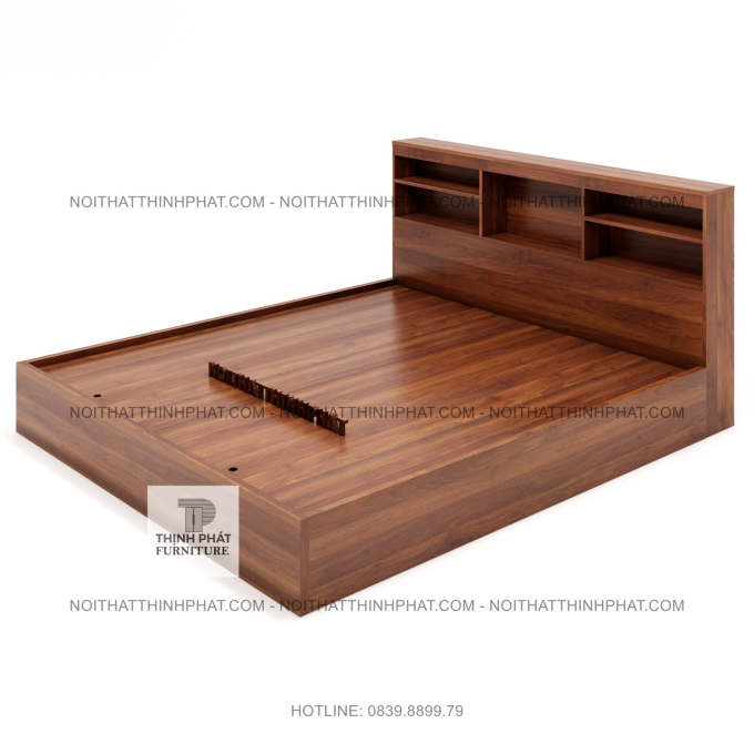 Giường Ngủ MDF Màu Gỗ Nâu Sang Trọng Có Kệ Đầu Giường Tiện Lợi GN15
