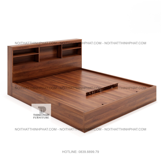 Giường Ngủ MDF Màu Gỗ Nâu Sang Trọng Có Kệ Đầu Giường Tiện Lợi GN15