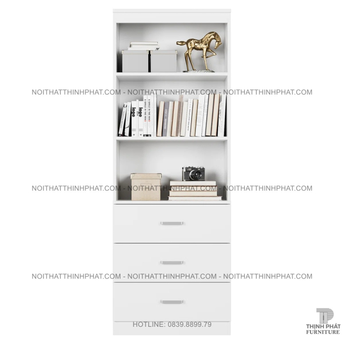 Kệ Sách Đứng Gỗ MDF Màu Trắng Có 3 Hộc Kéo Tiện Lợi Cho Phòng Khách Hiện Đại TS08