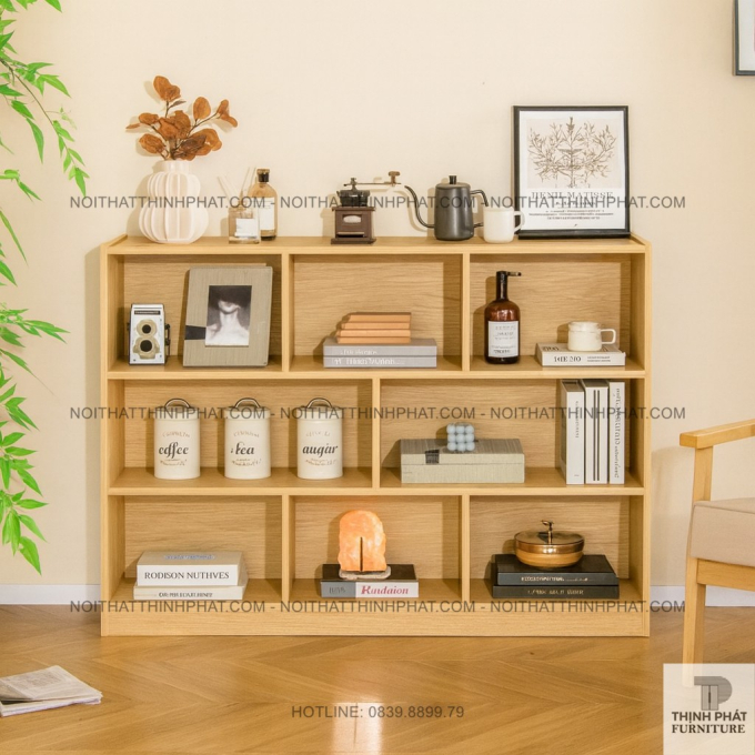 Kệ Sách Gỗ Công Nghiệp 3 Tầng 9 Ngăn Trang Trí Decor Phòng Khách Kiểu Bắc Âu TS02