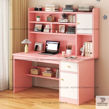 Bàn học gỗ MDF màu hồng có kệ sách và tủ ngăn kéo cho bé gái, thiết...
