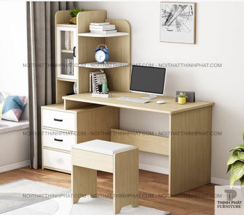 Bàn học liền kệ sách gỗ MDF hiện đại có ngăn kéo và tủ kính lưu...