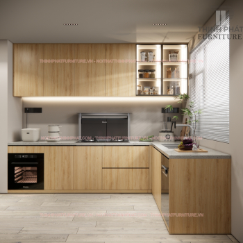 Tủ Bếp Melamine Màu Gỗ Sồi Kiểu Dáng Chữ L TB05
