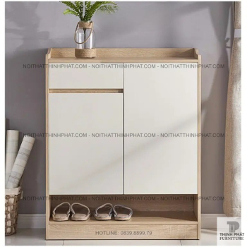 Tủ Đựng Giày Dép Gỗ MDF Hiện Đại 2 Cánh Màu Vân Gỗ Phối Trắng Cho...