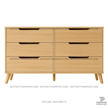 Tủ Hộc Kéo Gỗ MDF Màu Gỗ Sồi Chân Cao 6 Ngăn Kéo, Thiết Kế Bắc Âu...