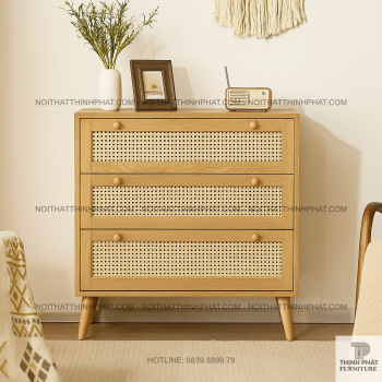Tủ hộc kéo gỗ MDF phối mây đan 3 tầng kiểu Nhật, thiết kế gọn...