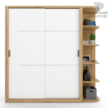 Tủ Quần Áo Cửa Lùa Hiện Đại Kèm Kệ Trang Trí Bên Hông, Màu Gỗ Sồi...