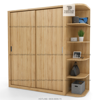 Tủ Quần Áo Cửa Lùa Hiện Đại Kèm Kệ Trang Trí Bên Hông, Màu Gỗ Sồi...