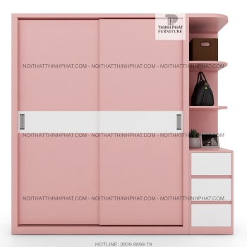 Tủ Quần Áo Cửa Lùa Kết Hợp Kệ Trang Trí Màu Hồng (2M X 2M) TQA60
