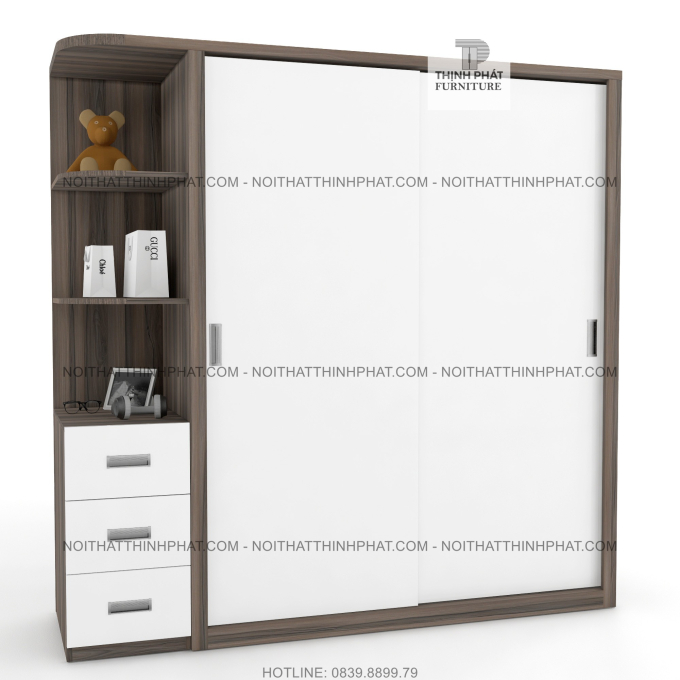Tủ Áo Gỗ Công Nghiệp Cửa Lùa Có Kệ Trang Trí, 3 Hộc Kéo Ngoài TQA27