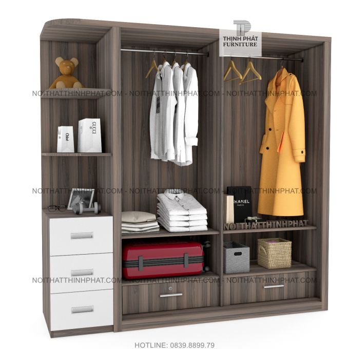 Tủ Áo Gỗ Công Nghiệp Cửa Lùa Có Kệ Trang Trí, 3 Hộc Kéo Ngoài TQA27