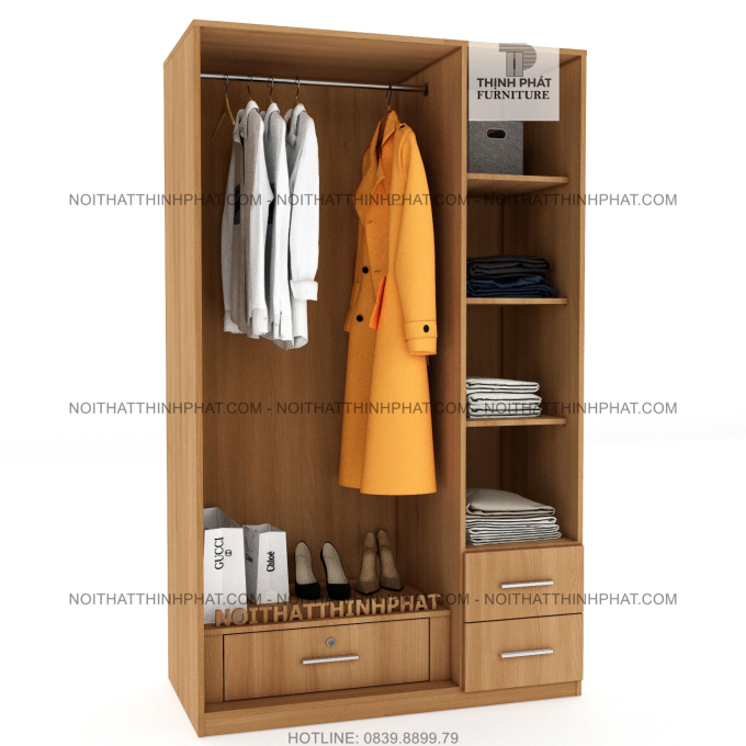 Tủ Áo Gỗ Công Nghiệp Cửa Mở, Màu Vân Gỗ Sang Trọng, 2 Hộc Kéo Ngoài TQA28