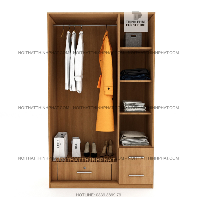 Tủ Áo Gỗ Công Nghiệp Cửa Mở, Màu Vân Gỗ Sang Trọng, 2 Hộc Kéo Ngoài TQA28