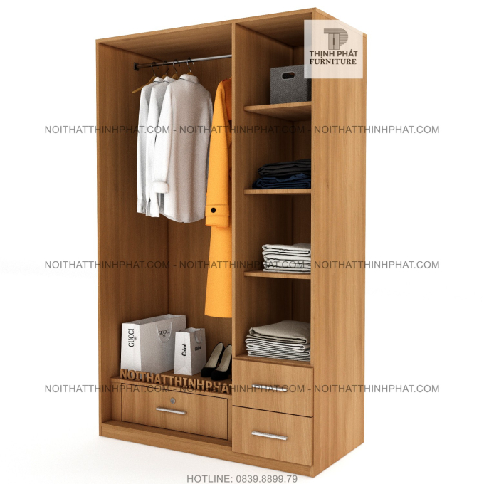 Tủ Áo Gỗ Công Nghiệp Cửa Mở, Màu Vân Gỗ Sang Trọng, 2 Hộc Kéo Ngoài TQA28