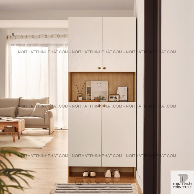 Tủ Giày Dép Gỗ MDF 4 Cánh Phối Trắng Thiết Kế Kệ Hở Trung Tâm Thanh Lịch TG28