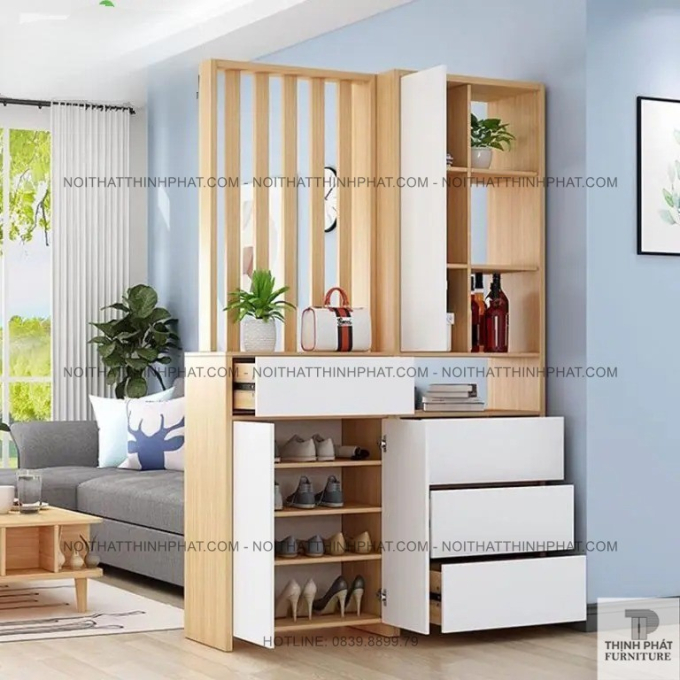 Tủ Giày Gỗ Công Nghiệp Kèm Vách Ngăn Trang Trí, Nhiều Ngăn Kéo Tiện Lợi, Kiểu Dáng Hiện Đại TG27
