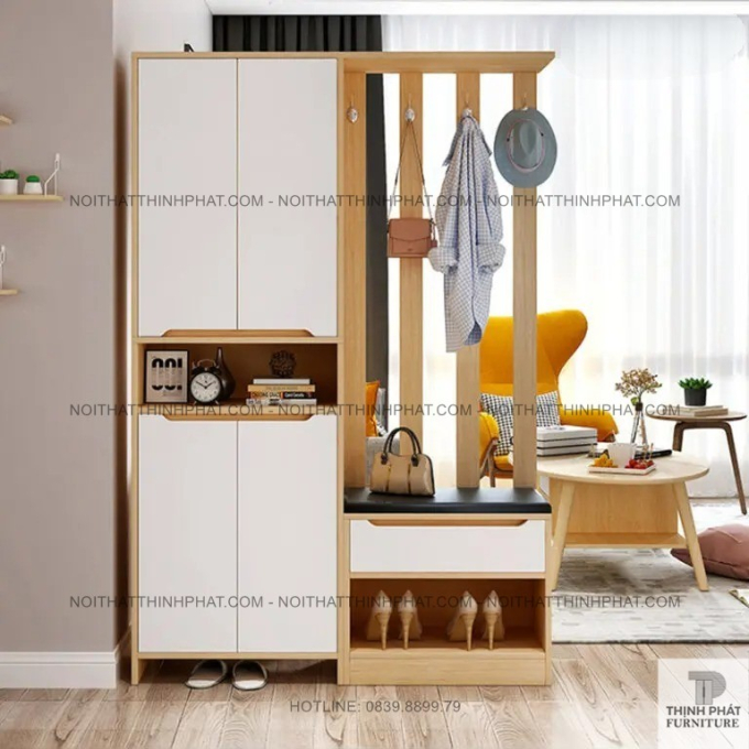 Tủ Giày Thông Minh Có Ghế Đệm, Vách Treo Đồ Và Kệ Trang Trí Gỗ MDF Sang Trọng TG18
