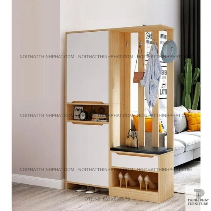 Tủ Giày Thông Minh Có Ghế Đệm, Vách Treo Đồ Và Kệ Trang Trí Gỗ MDF Sang Trọng TG18