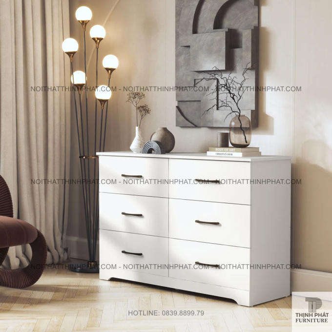 Tủ Gỗ 6 Ngăn Kéo Màu Trắng Nhỏ Gọn, Thích Hợp Cho Căn Hộ Chung Cư Hoặc Studio TNK31
