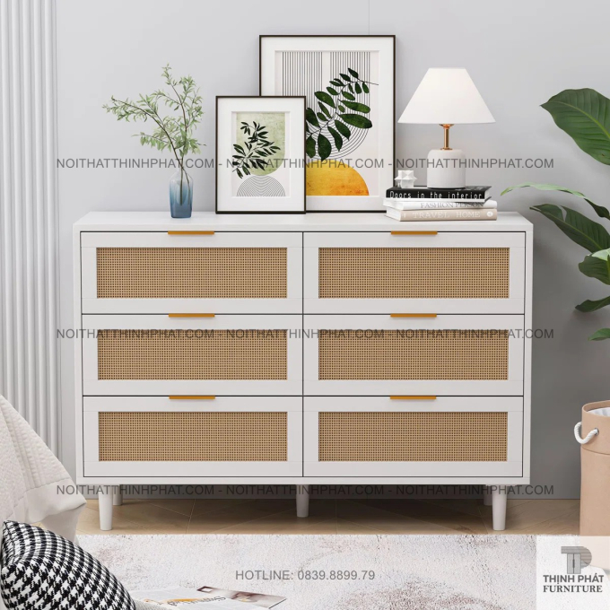 Tủ gỗ MDF 6 ngăn kéo thiết kế mây phối khung trắng thanh lịch TNK07