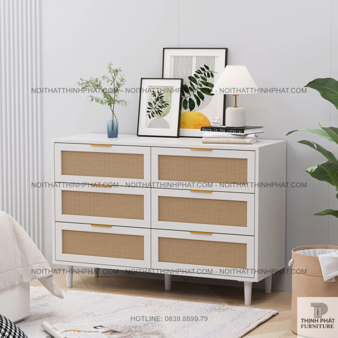 Tủ gỗ MDF 6 ngăn kéo thiết kế mây phối khung trắng thanh lịch TNK07