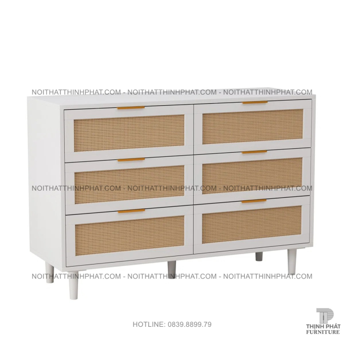 Tủ gỗ MDF 6 ngăn kéo thiết kế mây phối khung trắng thanh lịch TNK07
