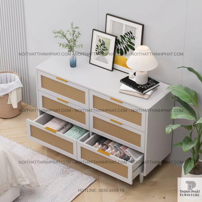 Tủ gỗ MDF 6 ngăn kéo thiết kế mây phối khung trắng thanh lịch TNK07