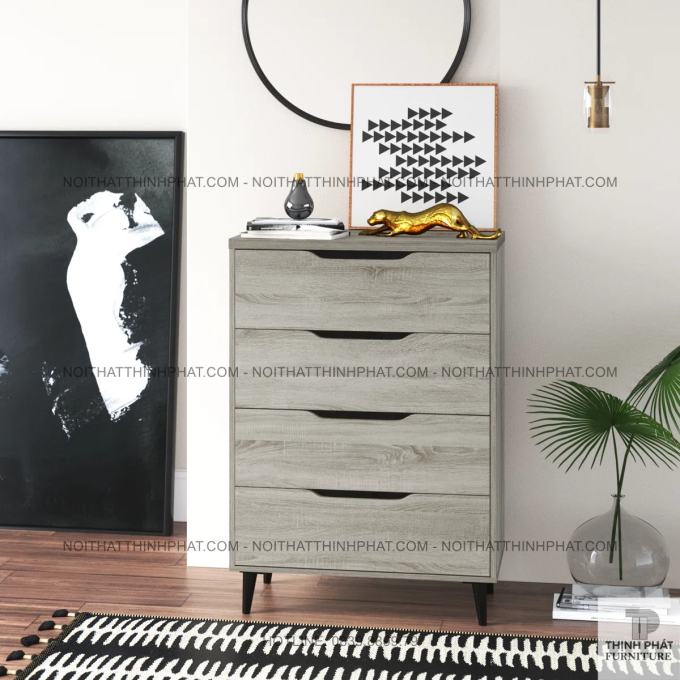 Tủ Hộc Kéo 4 Ngăn Gỗ Xám Chân Cao, Gợi Nét Hiện Đại Kết Hợp Vẻ Đẹp Mộc Mạc Tự Nhiên TNK39