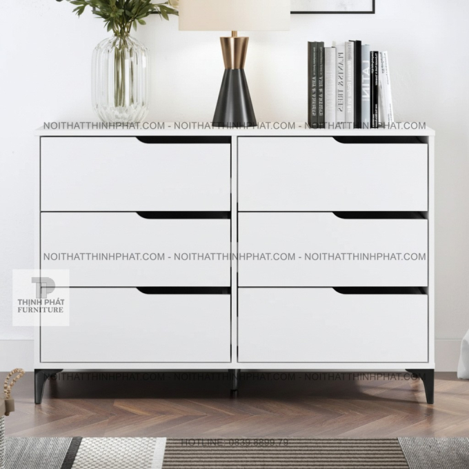 Tủ Hộc Kéo 6 Ngăn Ngang Màu Trắng Chân Sắt Tay Nắm Âm Hiện Đại TNK47