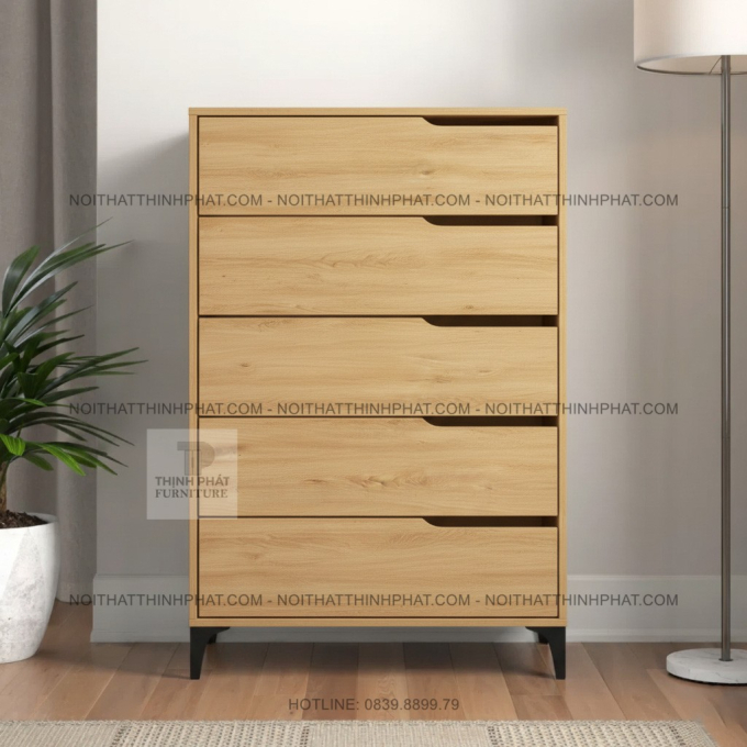 Tủ Hộc Kéo Đứng 5 Ngăn Hiện Đại, Vân Gỗ Tối Giản, Chân Kim Loại Đen TNK41