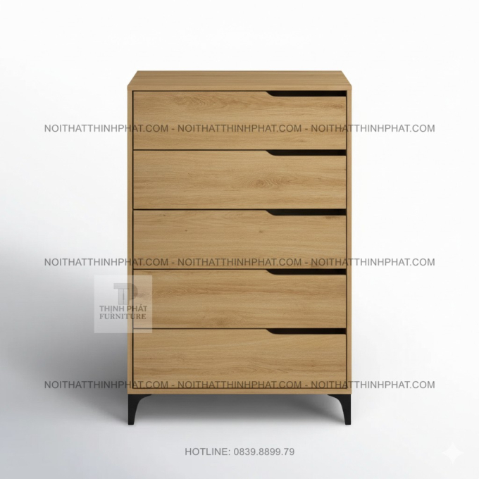 Tủ Hộc Kéo Đứng 5 Ngăn Hiện Đại, Vân Gỗ Tối Giản, Chân Kim Loại Đen TNK41