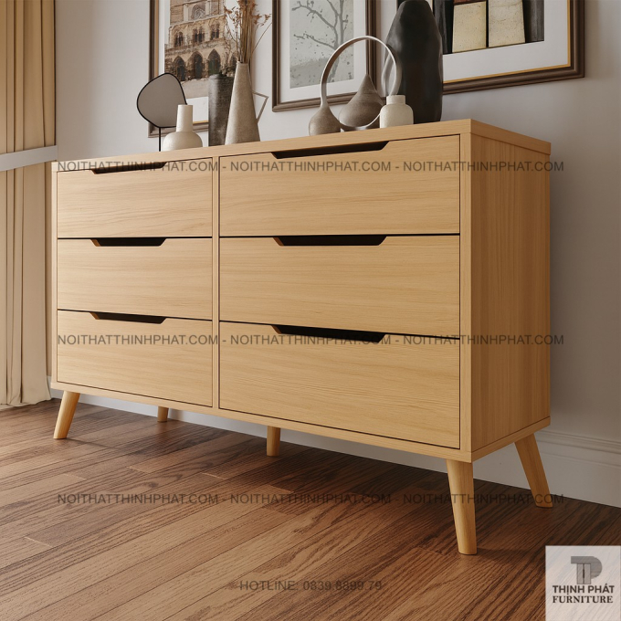 Tủ Hộc Kéo Gỗ MDF Màu Gỗ Sồi Chân Cao 6 Ngăn Kéo, Thiết Kế Bắc Âu Hiện Đại TNK05