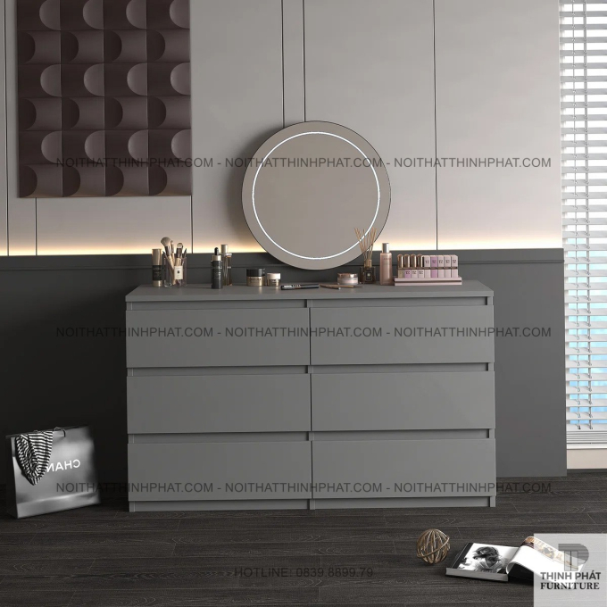 Tủ Hộc Kéo Màu Ghi Xám Thiết Kế Trơn Không Tay Nắm, Phù Hợp Nội Thất Tối Giản TNK03