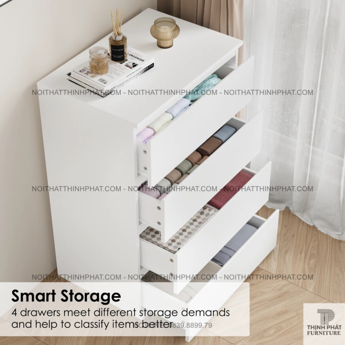 Tủ Ngăn Kéo 4 Hộc Màu Trắng Dáng Gọn, Hỗ Trợ Sắp Xếp Vật Dụng Hằng Ngày Khoa Học TNK54