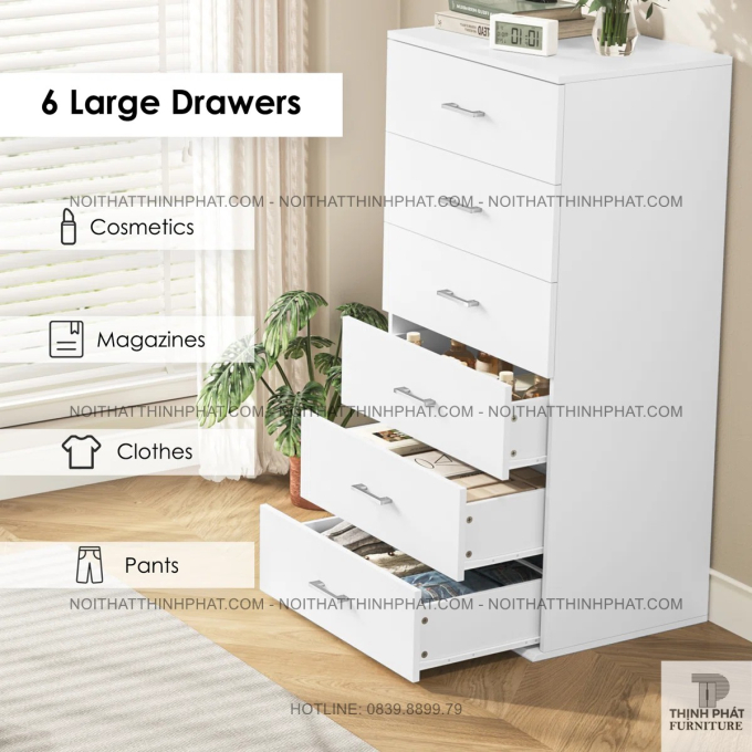 Tủ Ngăn Kéo 6 Hộc Màu Trắng Thiết Kế Dáng Cao, Giải Pháp Lưu Trữ Linh Hoạt Cho Đồ Dùng Cá Nhân TNK44