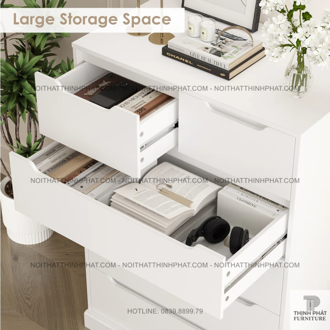 Tủ Ngăn Kéo 6 Hộc Màu Trắng Tinh Tế, Thiết Kế Móc Âm Gọn Gàng Và Tối Giản TNK49