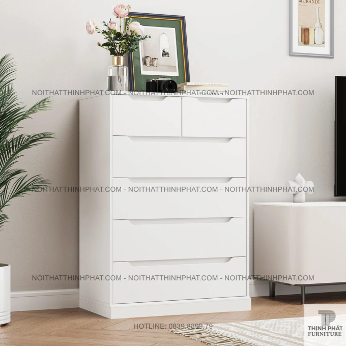 Tủ Ngăn Kéo 6 Hộc Màu Trắng Tinh Tế, Thiết Kế Móc Âm Gọn Gàng Và Tối Giản TNK49