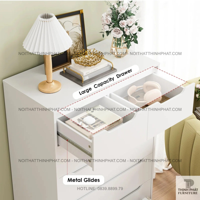 Tủ Ngăn Kéo 6 Hộc Màu Trắng Tinh Tế, Thiết Kế Móc Âm Gọn Gàng Và Tối Giản TNK49