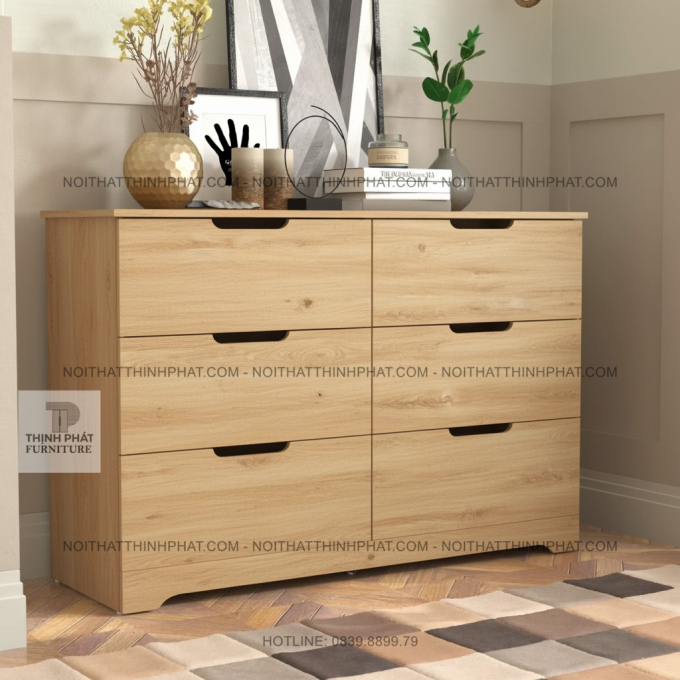 Tủ ngăn kéo gỗ MDF 6 hộc màu sồi sáng thiết kế tay nắm âm tinh tế  TNK32
