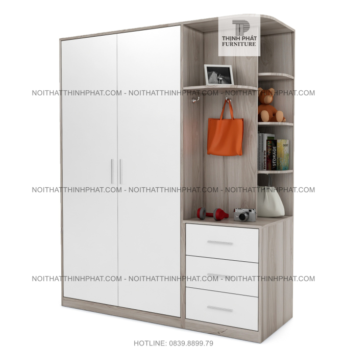 Tủ Quần Áo 1m6 x 2m Cánh Mở Kèm Kệ Trang Trí Bo Góc Và 3 Hộc Kéo Ngoài, Gỗ Mdf TQA23