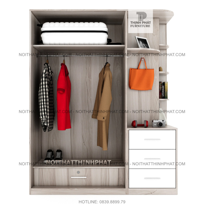 Tủ Quần Áo 1m6 x 2m Cánh Mở Kèm Kệ Trang Trí Bo Góc Và 3 Hộc Kéo Ngoài, Gỗ Mdf TQA23